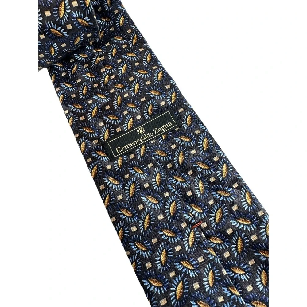 Ermenegildo Zegna Blue Brown Gray Floral Print Tie 3.75 Inch Width
